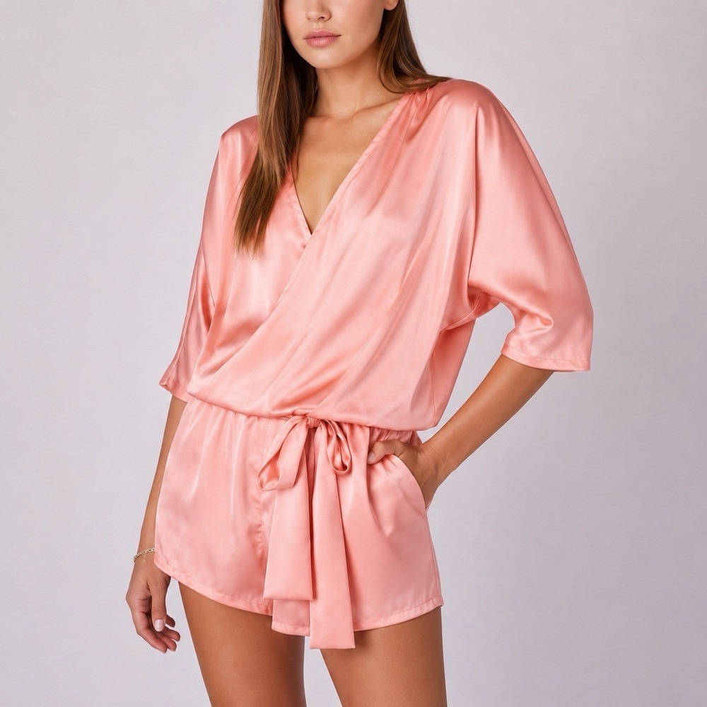 Overlover Pink Satin La Jolla Romper M Dolman Sleeve Tie Waist V Neck Cocktail